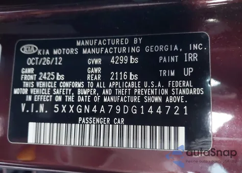 2013 Kia Optima Ex z USA, uszkodzony, nr VIN 5XXGN4A79DG144721